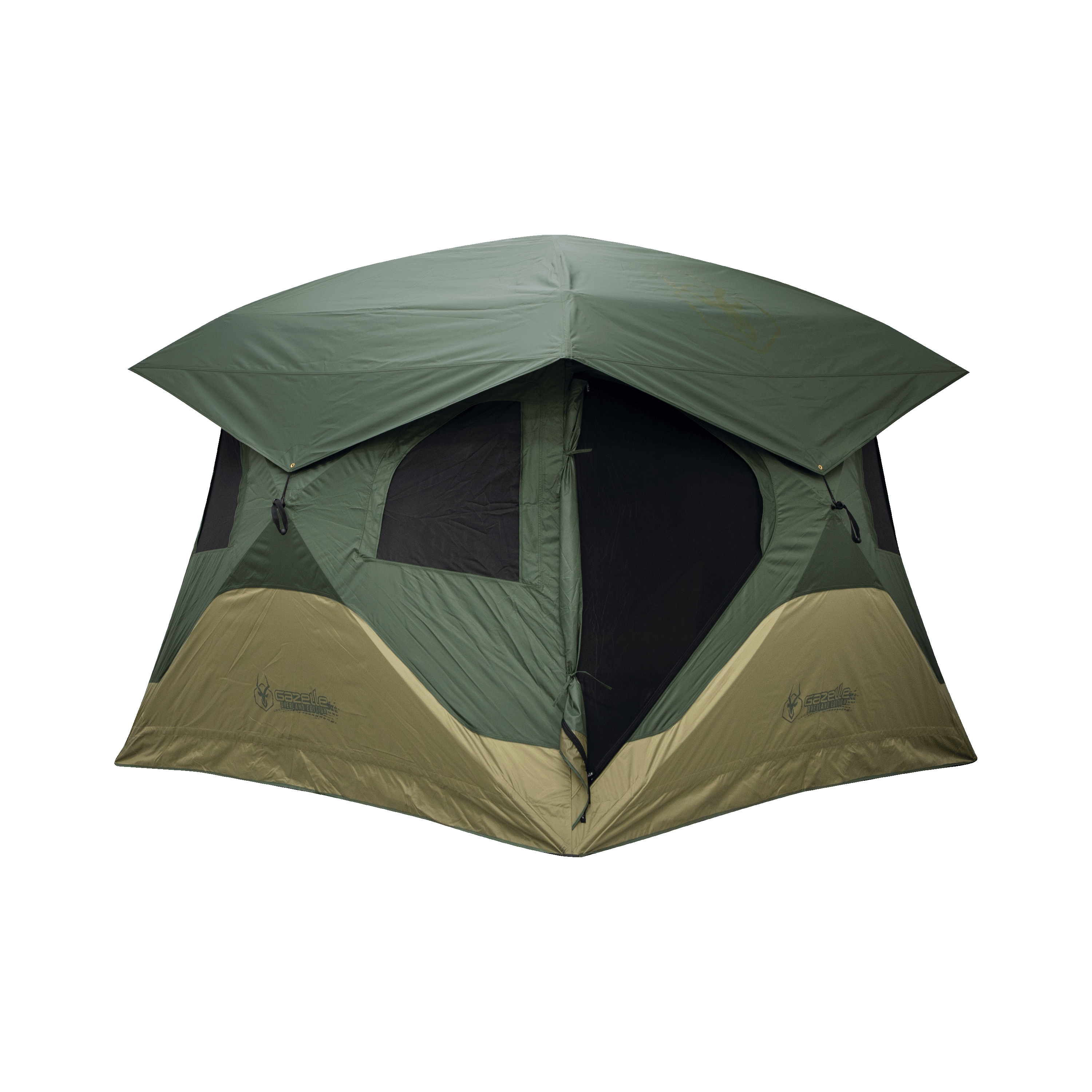 Gazelle T4 Hub Tent Overland Edition set up in an outdoor setting, showcasing its rugged design and spacious interior.