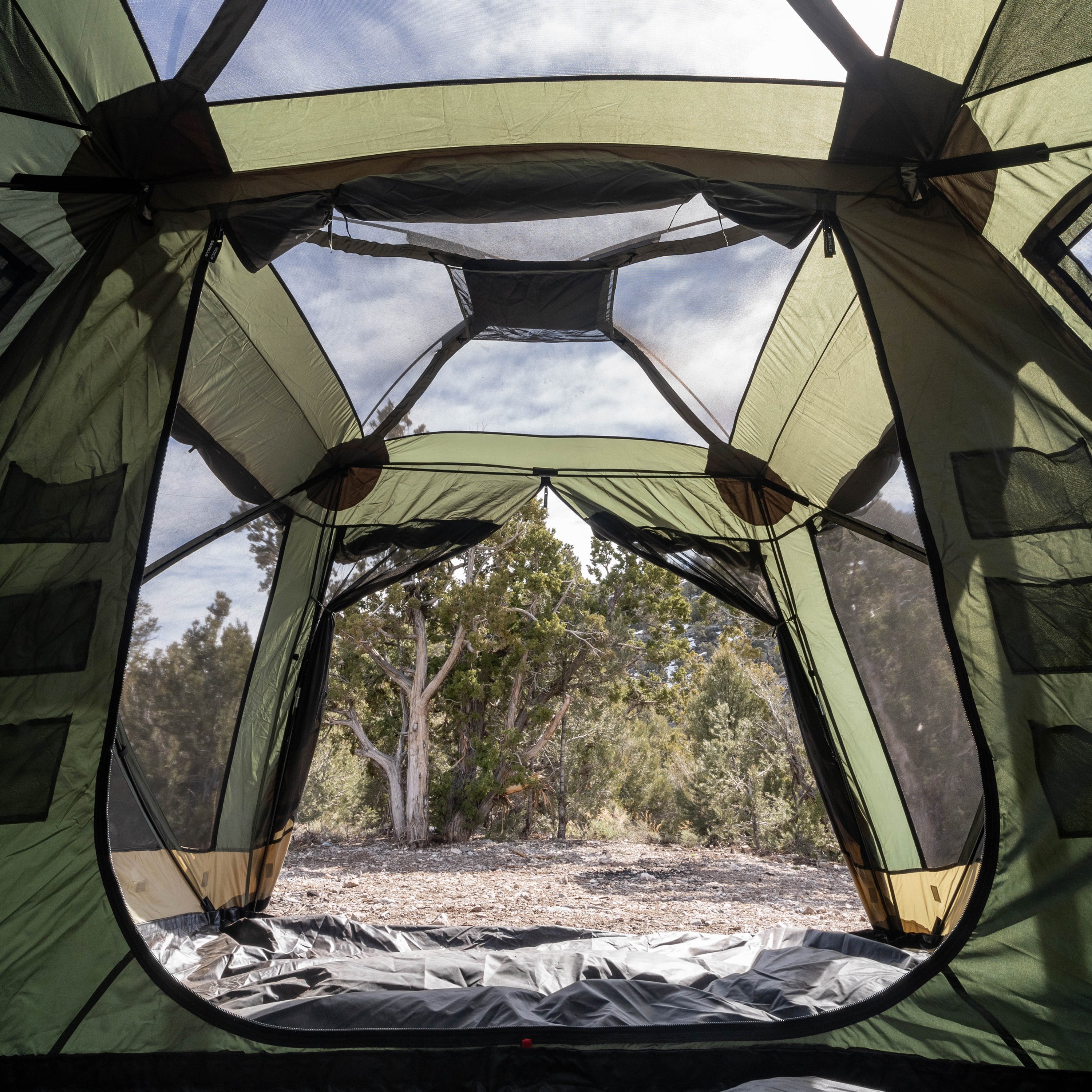 Gazelle T4 Plus tent showing large main entrance and D-door
