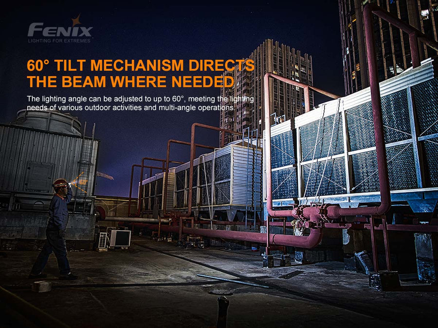 Search-and-rescue worker using the Fenix HP25R V2.0 headlamp in dark conditions, demonstrating the long-range beam reaching up to 748 feet.