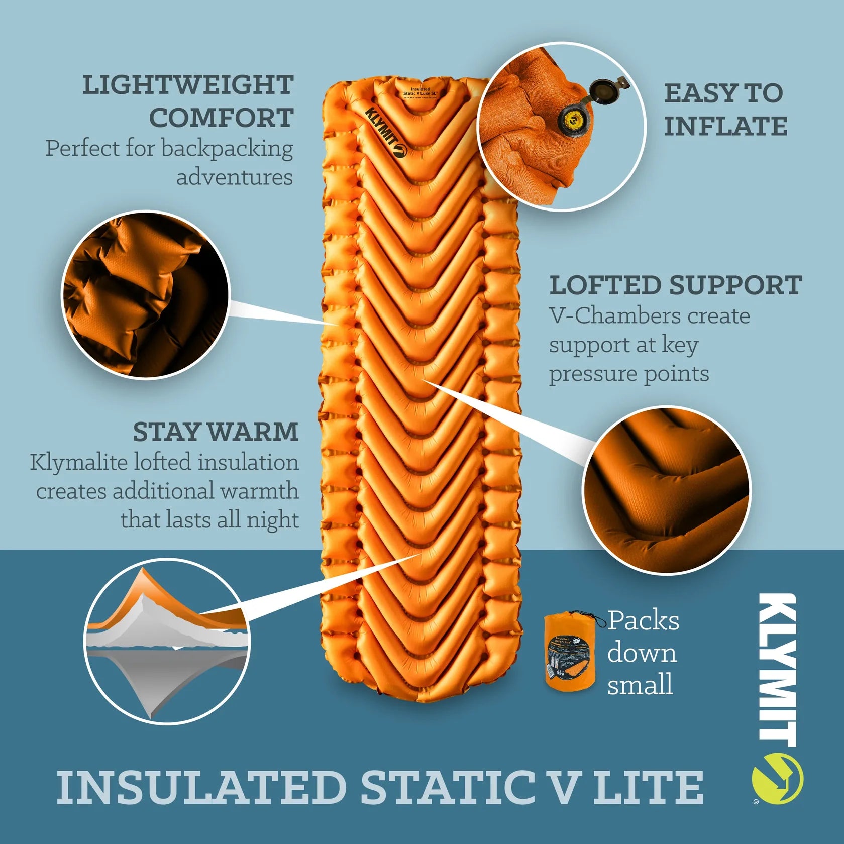 Klymit Insulated Static V Lite™ - 4-season comfort with a 4.4 R-value. Lightweight and compact design for backpackers. Klymalite™ insulation for warmth. Durable 30D polyester material. Ideal dimensions of 72 x 23 x 2.5 in