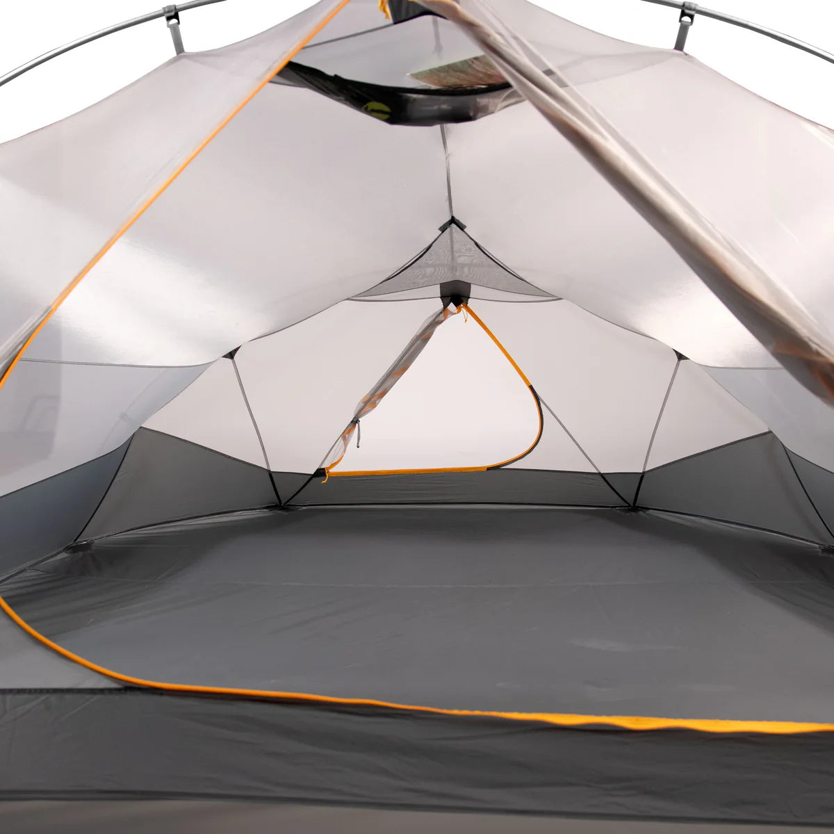 Camping tent interior with gray and orange accents