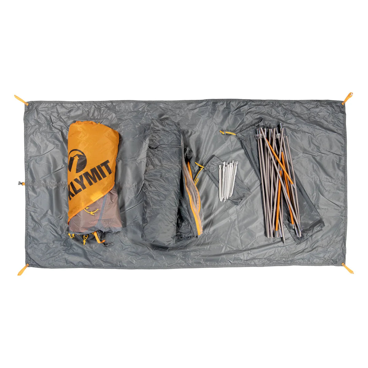 Camping gear set including a gray tarp, orange sleeping bag, and camping sticks on a white background.