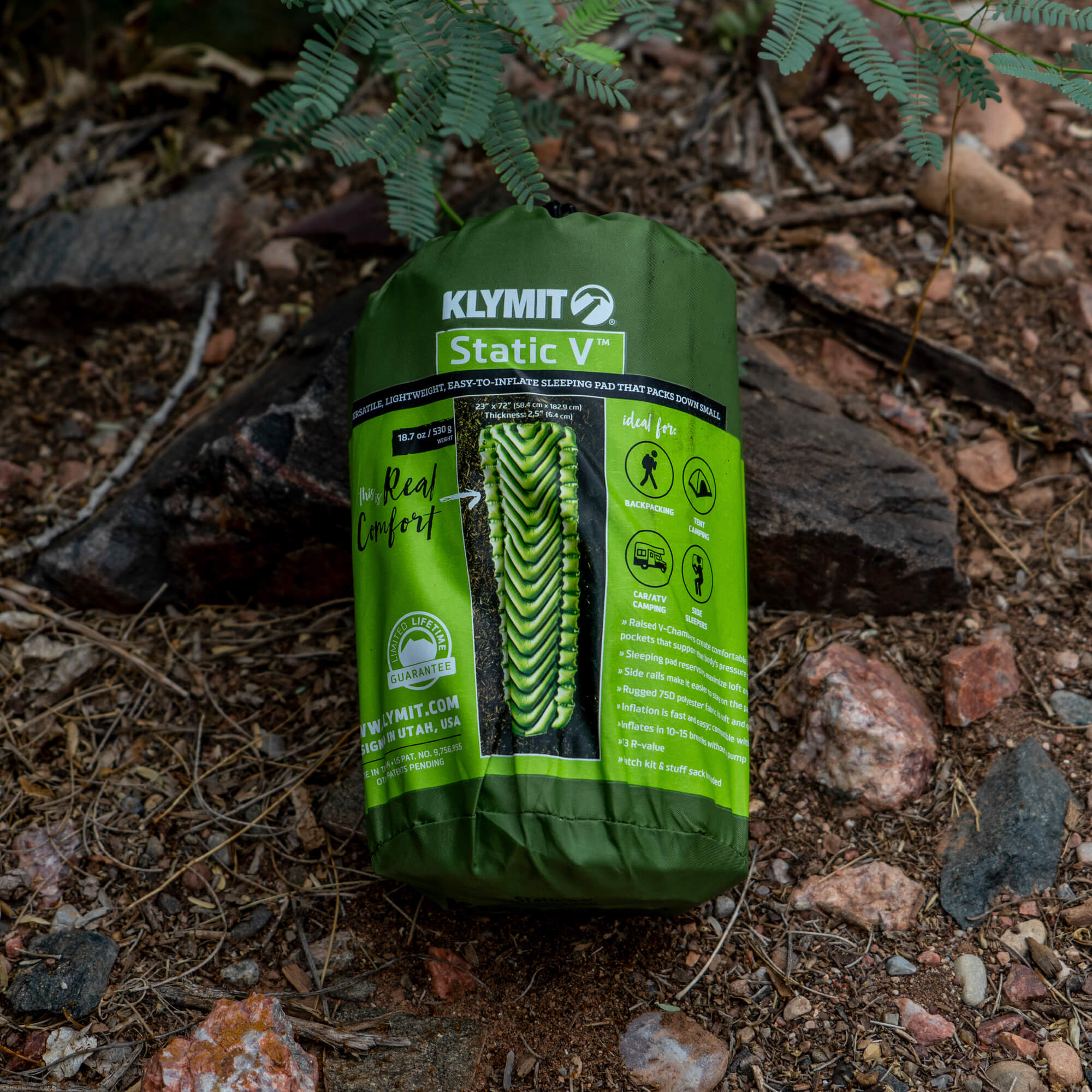 Compact and lightweight Static V™ sleeping pad with an 8x3 inch pack size for easy portability.