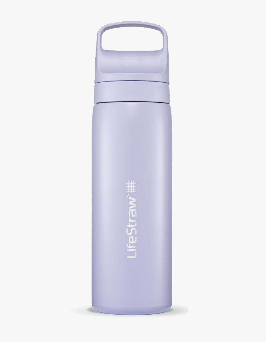 A stainless steel LifeStraw Go Series water bottle in 18oz capacity, shown in a sleek, modern design with a color-matched silicone mouthpiece on the cap. Text highlights its BPA-free construction and advanced 2-stage filtration system Purple