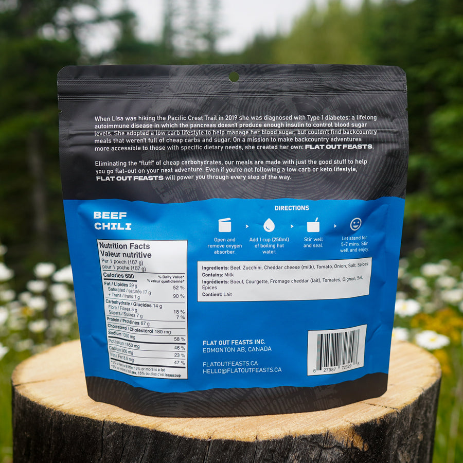 Just-add-water freeze-dried beef chili outdoor meal