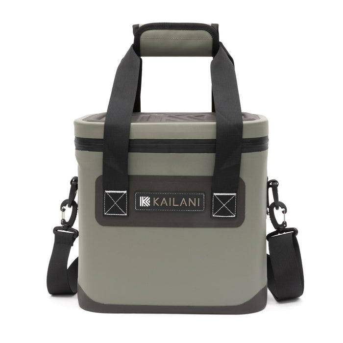 Soft-sided cooler with a 10-can capacity, leak-proof zipper, and durable shell.