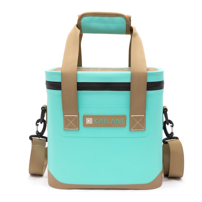 Portable insulated cooler with an adjustable shoulder strap for easy carrying.