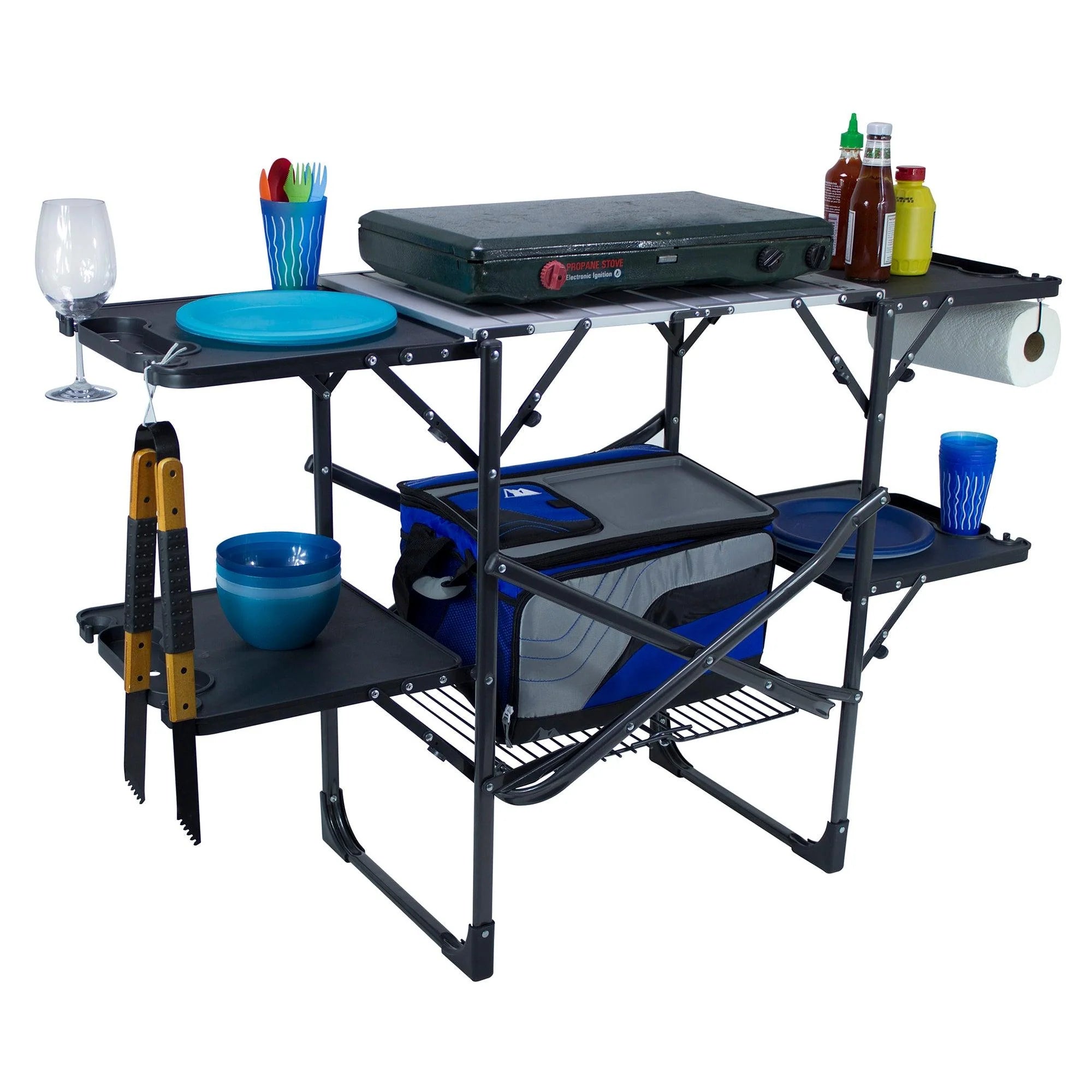 Compact, folded outdoor cook station for easy storage and transport.