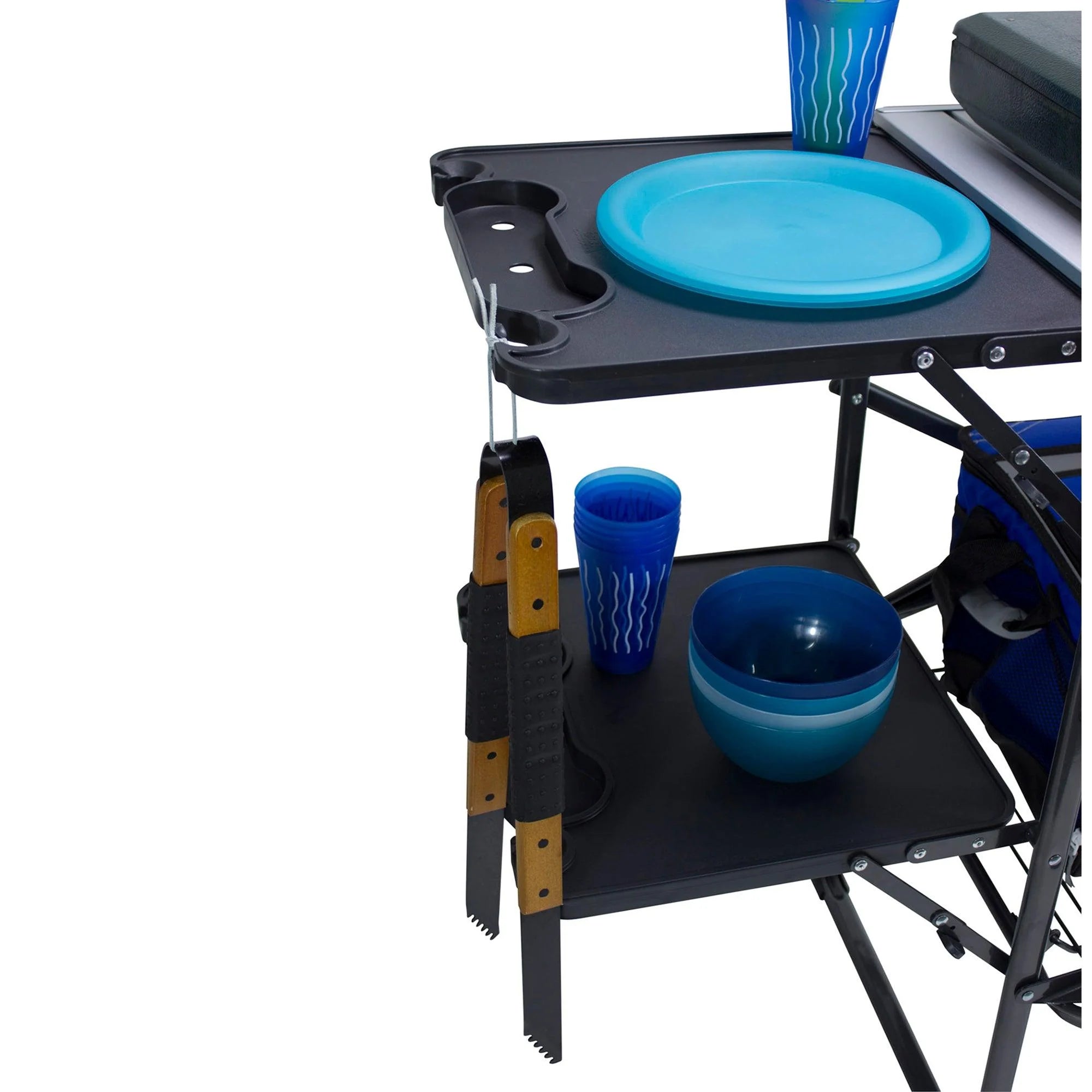 Fold-out side tables with beverage holders and stem glass holders.