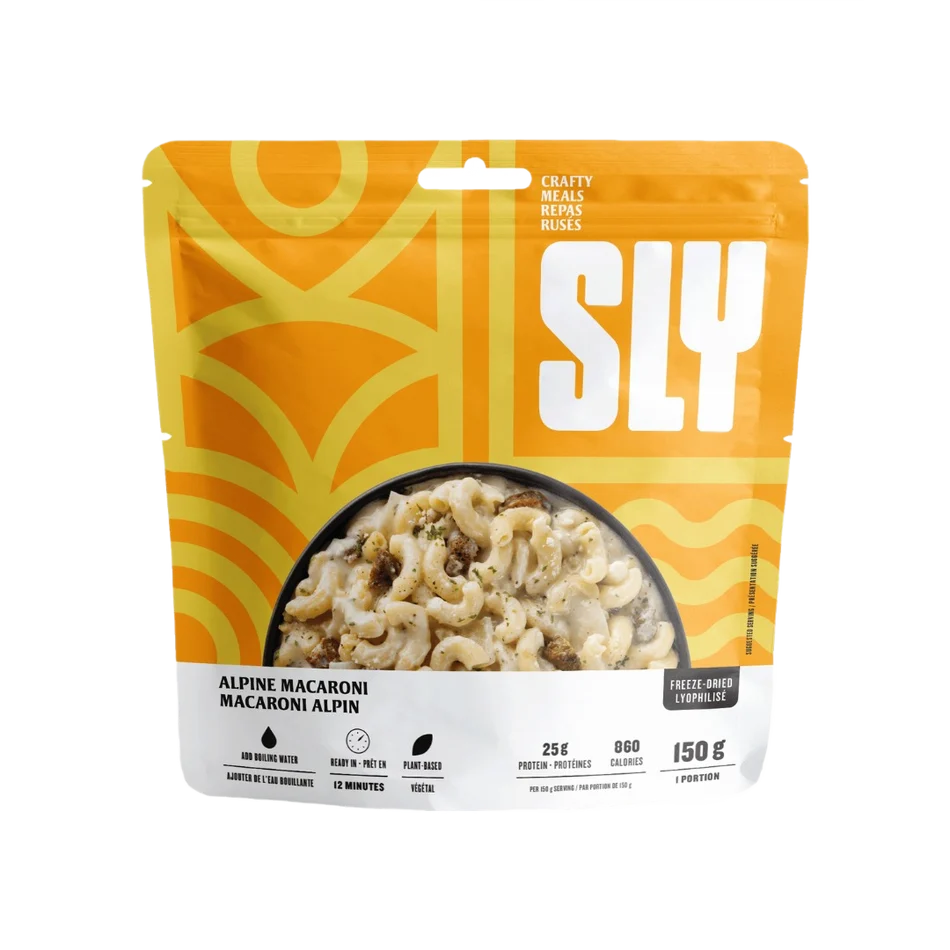 SLY Alpine Macaroni freeze-dried meal with plant-based protein and creamy sauce