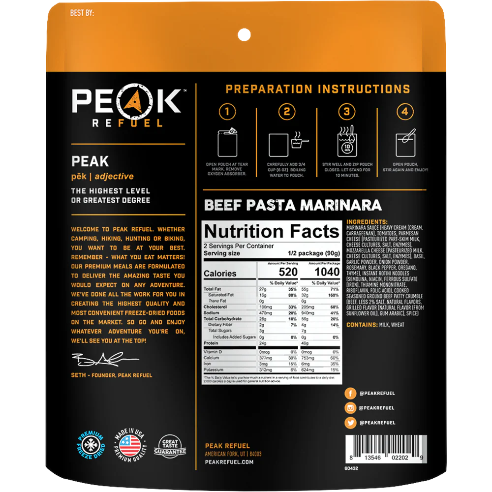 High protein beef pasta marinara backpacking meal with marinara sauce