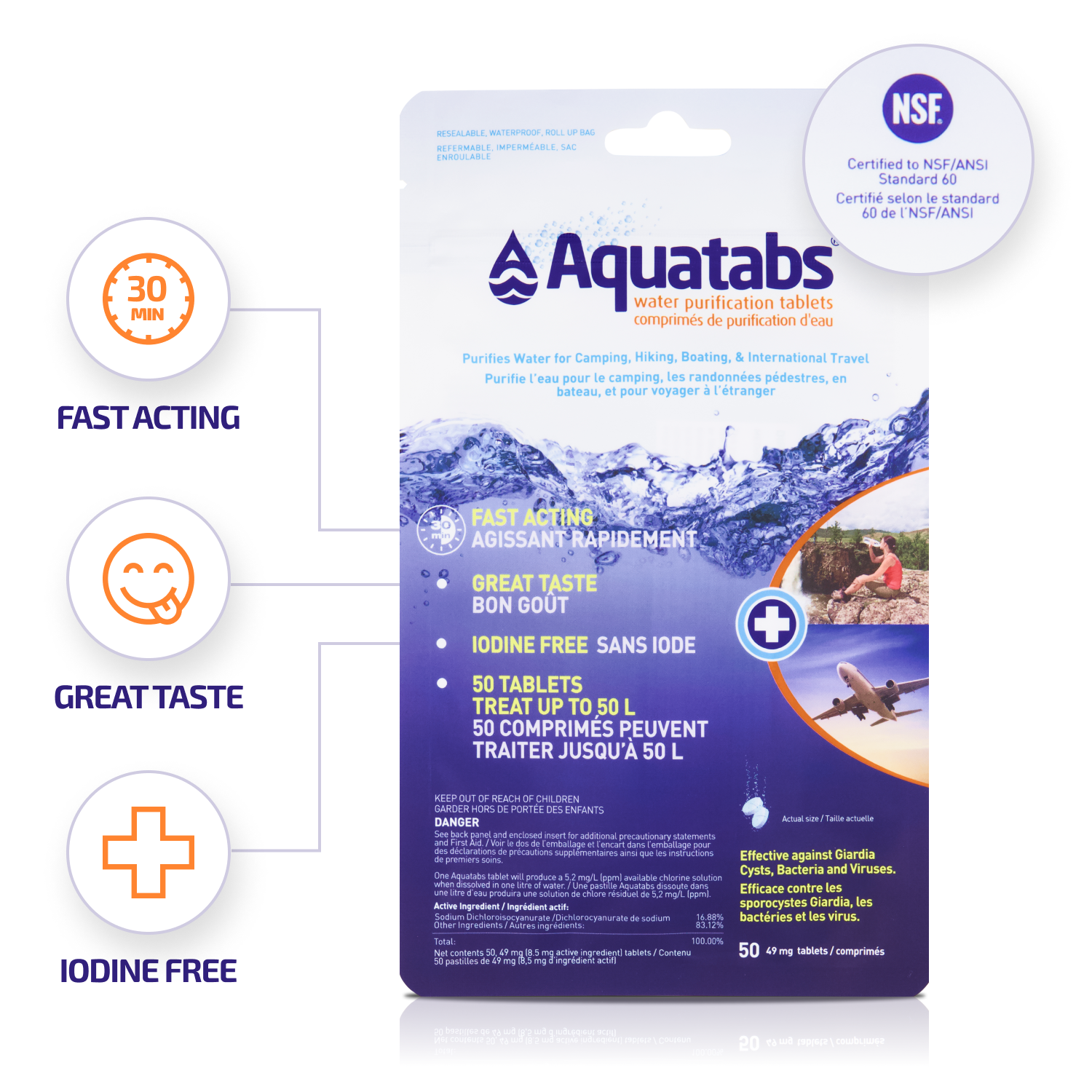 Portable water disinfectant tablets effective against bacteria, viruses, and Giardia cysts