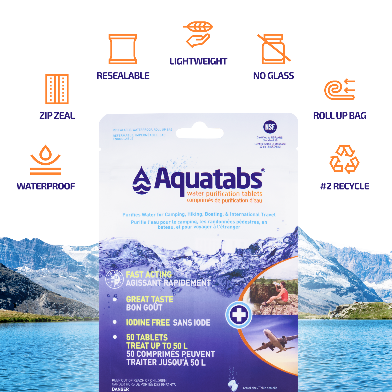Aquatabs 49mg NaDCC drinking water purification tablets with 5-year shelf life