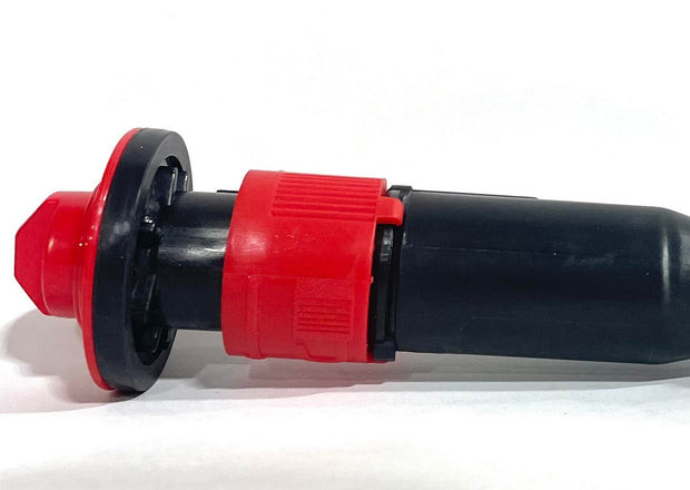 Black and red garden sprinkler head on a white background