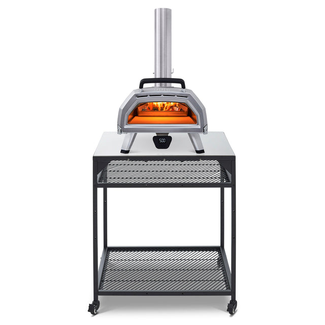 Ooni pizza oven stand with lockable castors for stability while cooking