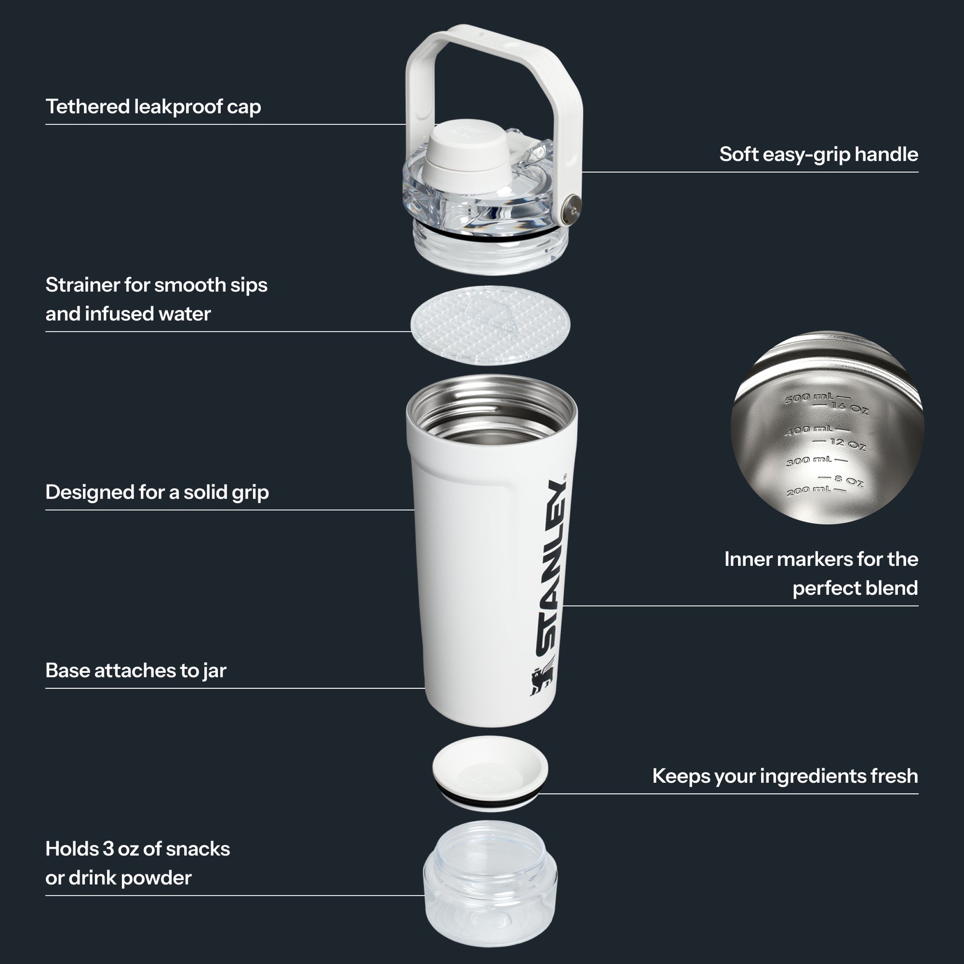 Activate shaker bottle with base storage container for supplements