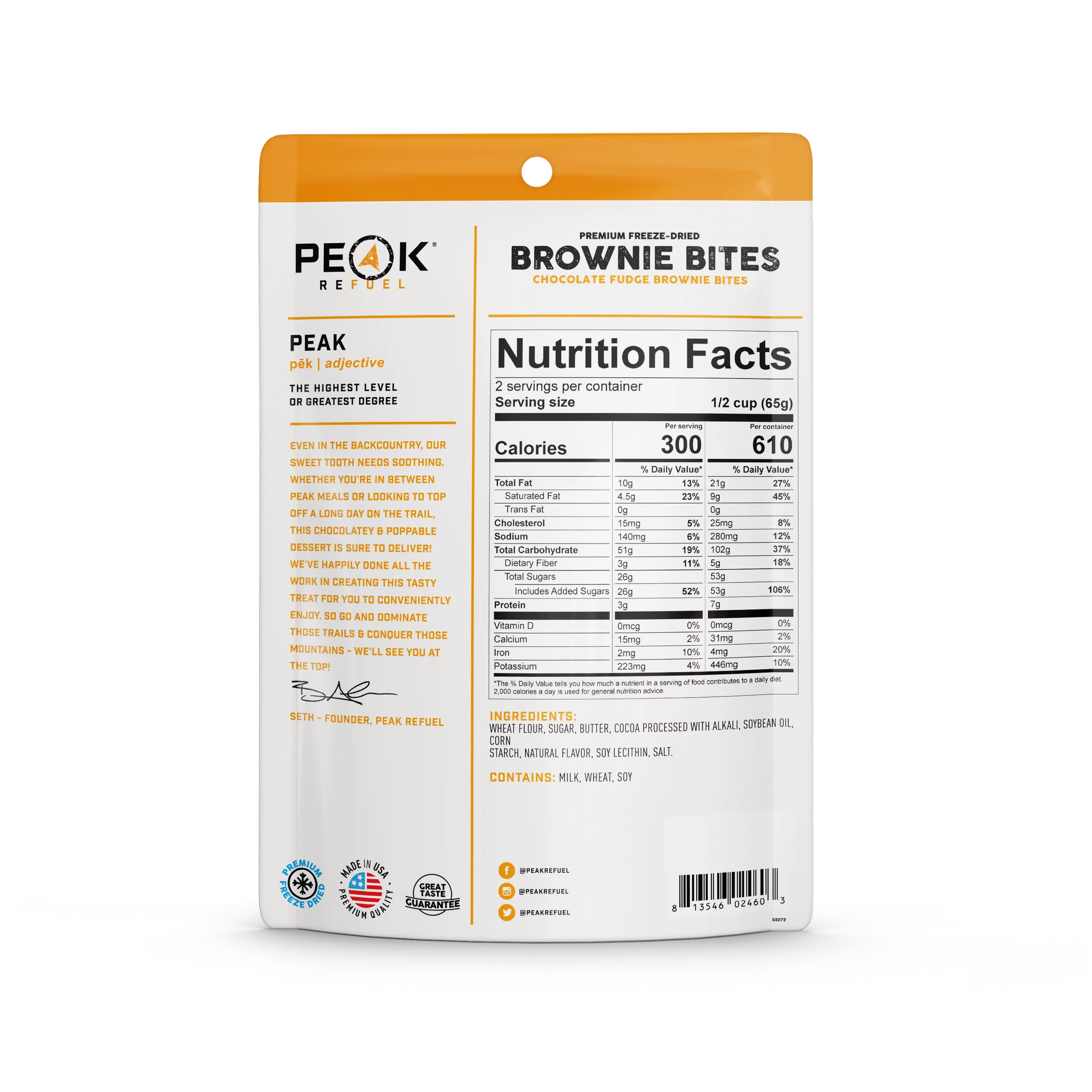 Freeze-dried chocolate fudge brownie bites designed for camping and outdoor adventures