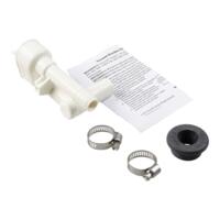 Plumbing kit with white connector, black washer, and metal clamps on a white background