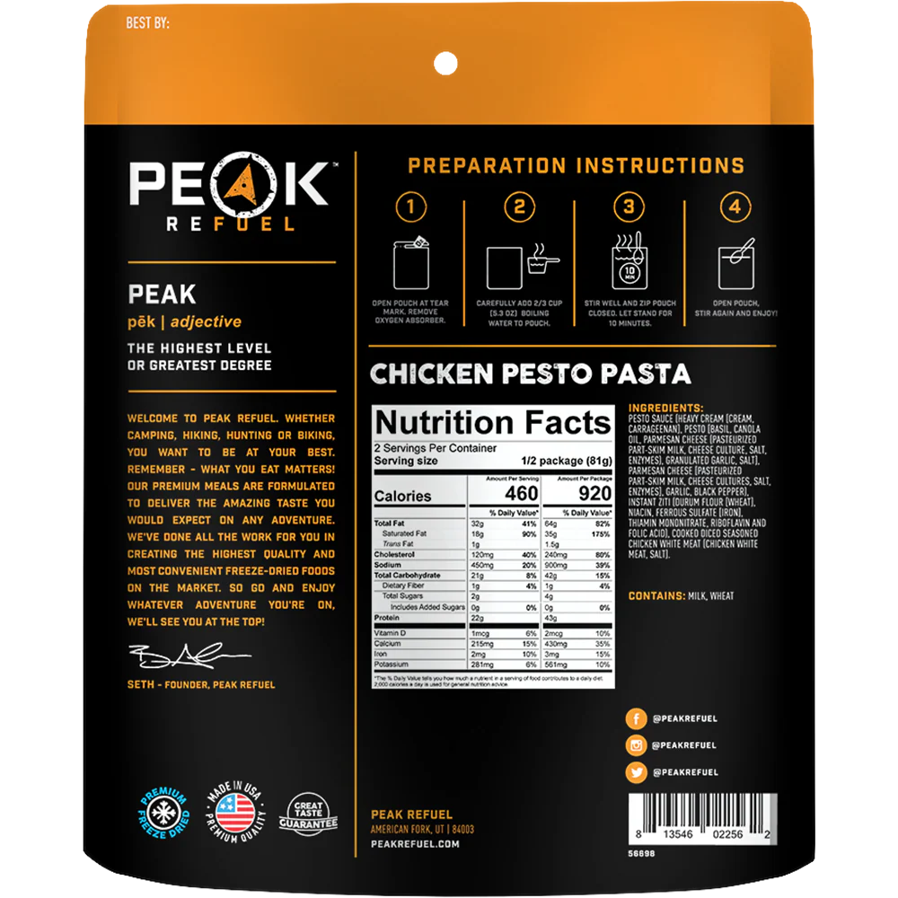 High protein chicken pesto pasta backpacking meal with parmesan cheese