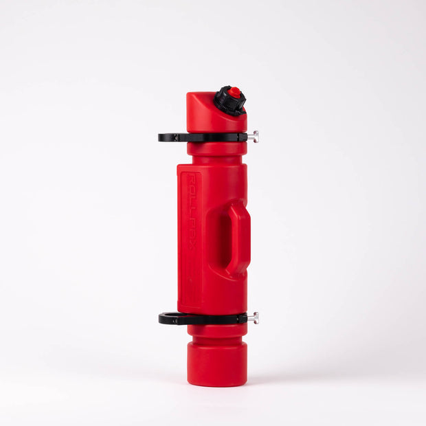 RollpaX 1.5 gallon fuel and water carrier with high-grade CNC-machined aluminum mounts for roll bars or flat surfaces