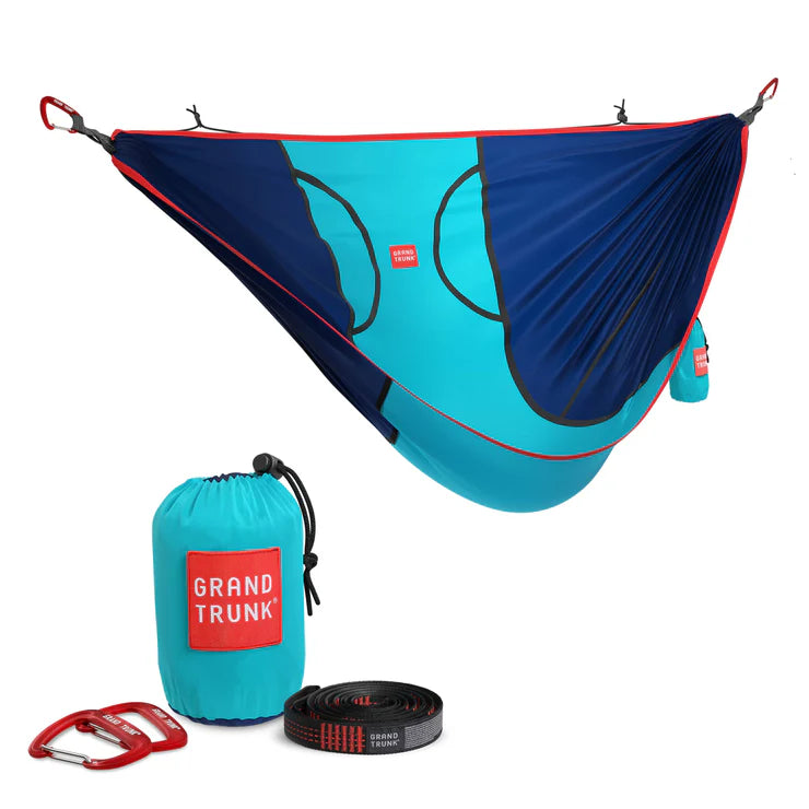 Portable ROVR hanging chair with upright seating position for camping, relaxing, and outdoor adventures