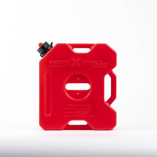 Sleek 1.75-gallon Roto-molded gas can in red, nearly 2 gallons when fully filled. Dimensions are 3.5 inches by 13 inches by 14.5 inches, featuring a patented durable design, leak-proof gasket, spout, and compatibility with a single mount