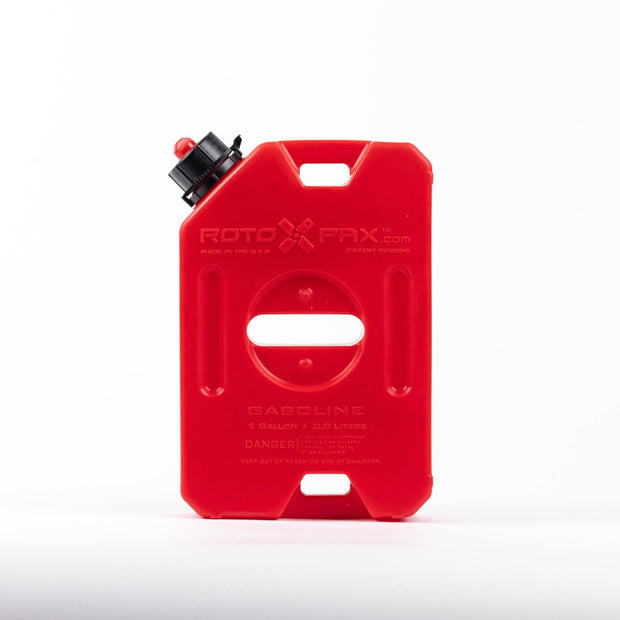Compact 1-gallon Roto-molded gas can in red, measuring 3 inches by 9 inches by 13.5 inches. Features durable construction with a leak-proof seal, spout included, and is EPA/CARB compliant with one required mount for secure storage.
