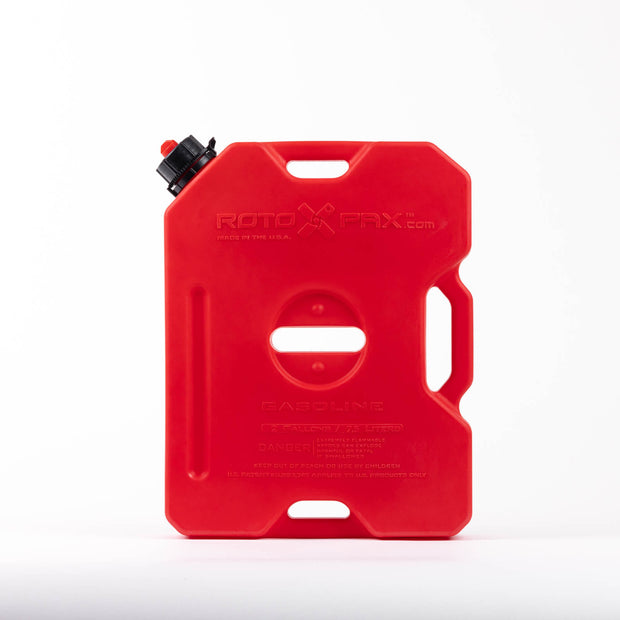 Enhanced 2-gallon Roto-molded gas can (Gen 2) in red, measuring 3 inches by 13.5 inches by 17 inches. Features durable construction with a patented molding process for low permeability and a secure spout, suitable for a single mount.