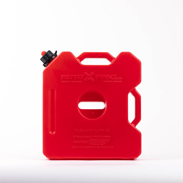 3-gallon Roto-molded gas can with a bold red design, measuring 4.5 inches by 15 inches by 16 inches. Constructed for superior durability and leak-proof performance, includes spout, and requires one mount for secure attachment