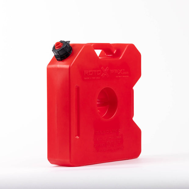 Roto-molded gas can with a robust red design featuring thicker walls and a leak-proof seal. Includes a spout and a sure seal gasket to prevent leaks or vibrations. EPA and CARB compliant, suitable for all 50 U.S. states, with a patented three-layer molding process for durability and low permeability compliance.