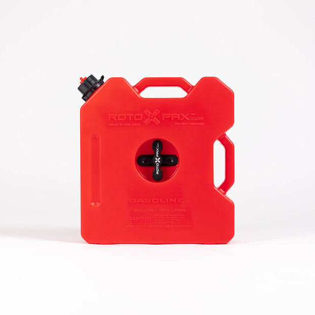 3-gallon Roto-molded gas can with a bold red design, measuring 4.5 inches by 15 inches by 16 inches. Constructed for superior durability and leak-proof performance, includes spout, and requires one mount for secure attachment