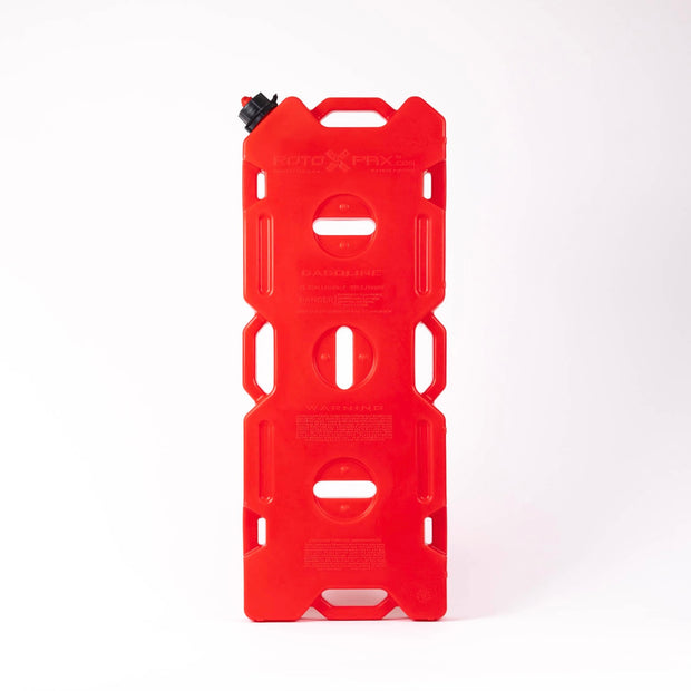 Large 4-gallon Roto-molded gas can in bright red, measuring 3 inches by 13.5 inches by 34.5 inches. Features an advanced design with thicker walls for durability, a sure seal gasket for leak prevention, and compatibility with two mounts for added stability