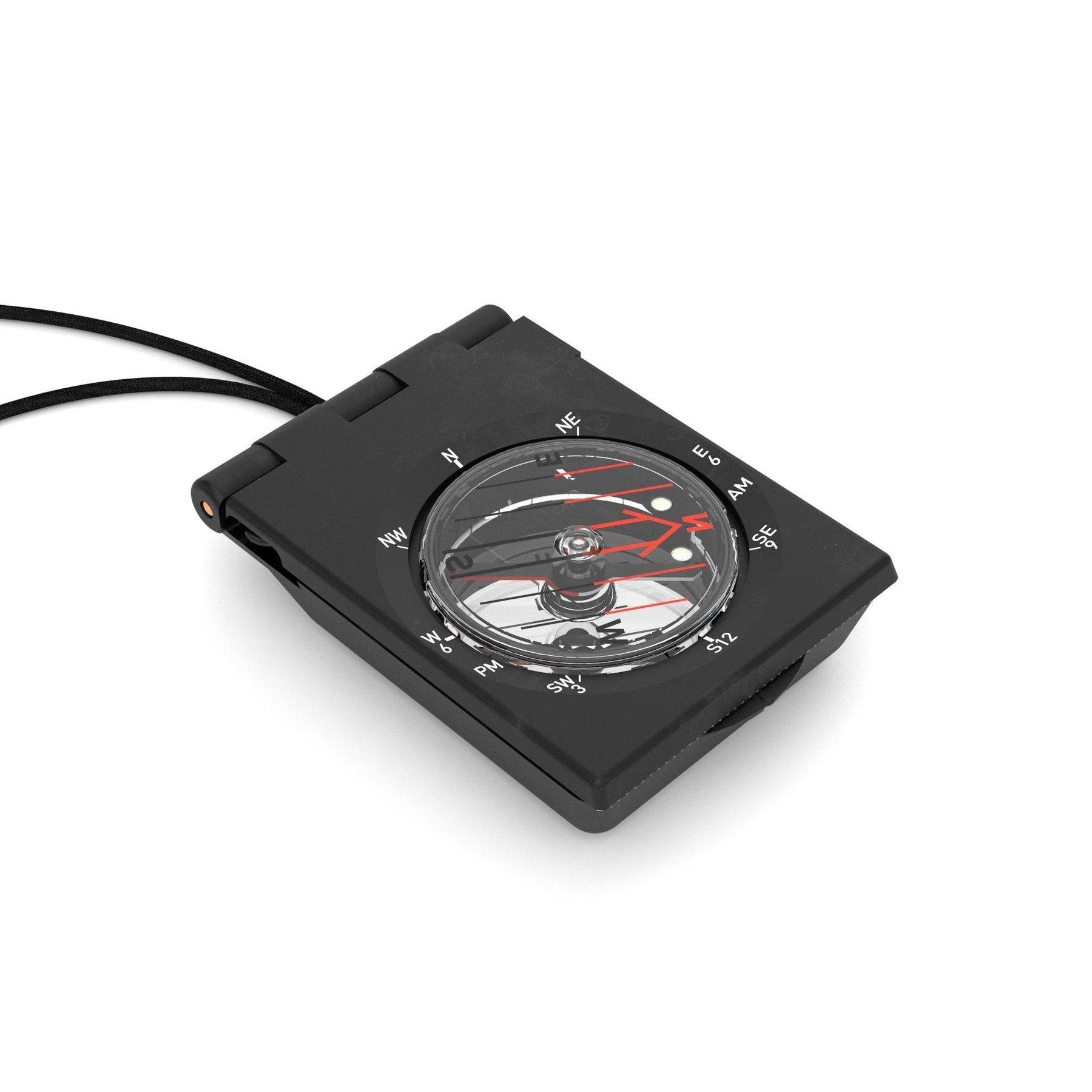 A close-up of the compass mirror in action, showing how it allows the user to view the compass dial and a distant reference point simultaneously.