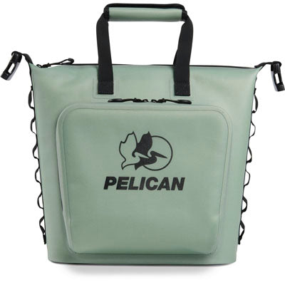 Green Pelican cooler bag with black handle and logo on a white background