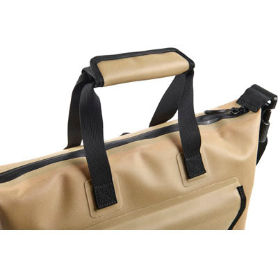 Beige bag with black handles and a visible brand label on a white background