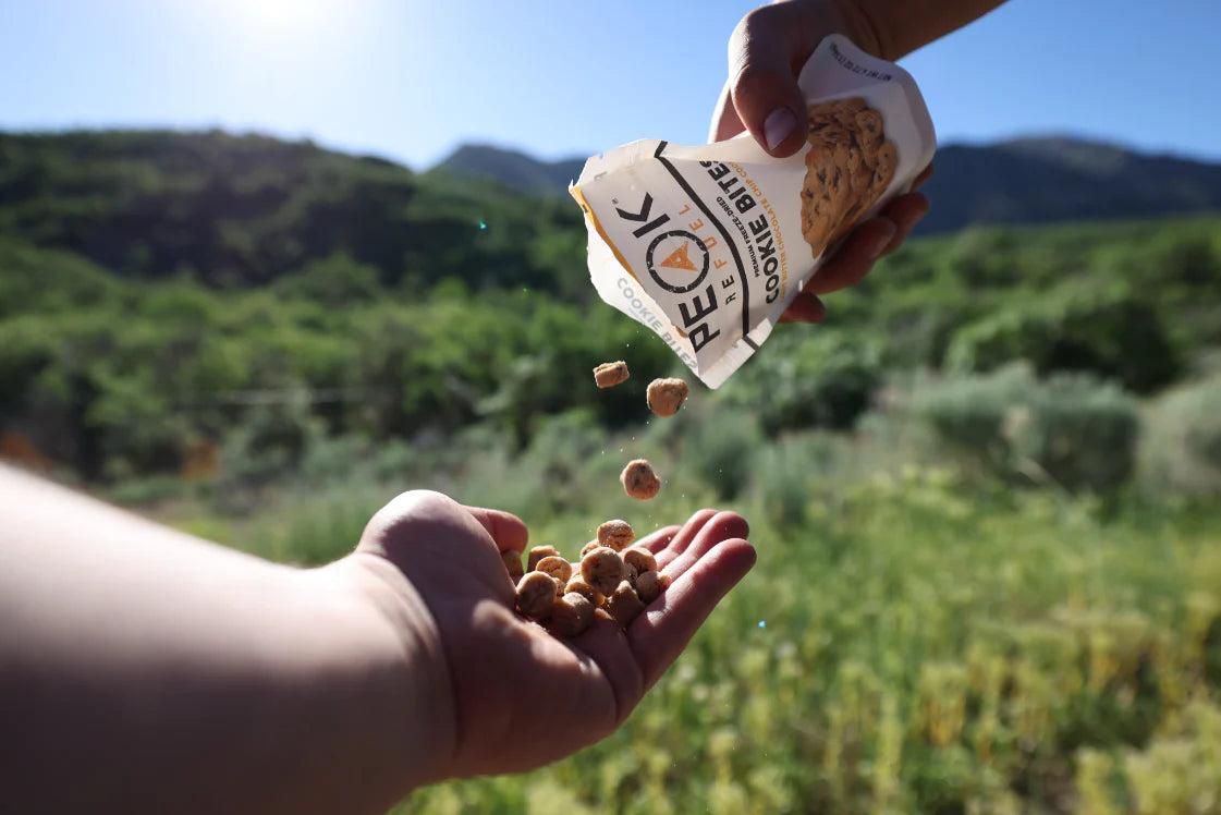 Lightweight outdoor snack: Peak Refuel peanut butter chocolate chip cookie bites for hiking and survival kits