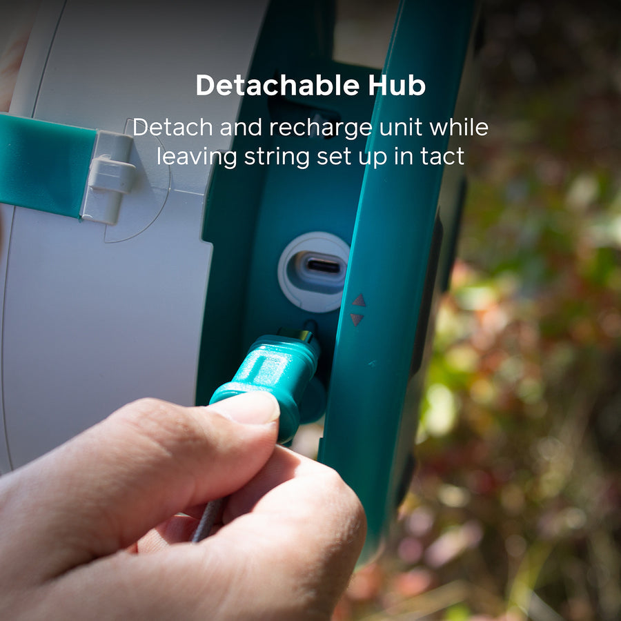 Detachable hub being used with a string trimmer, showing text about detachment and recharging.