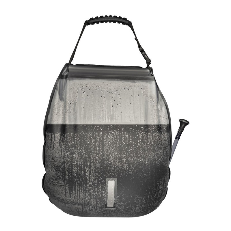 Solar shower with a flow-control showerhead, providing multiple showers with a 5-gallon capacity and adjustable water pressure.