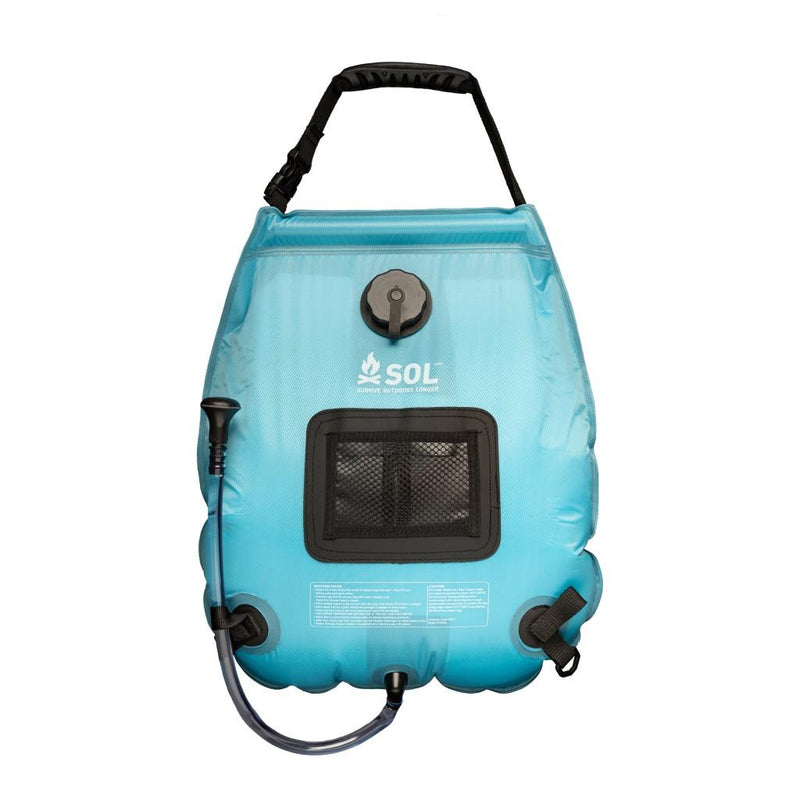 Solar shower with a 20L capacity, built-in thermometer, and rugged handle for easy carrying and hanging.