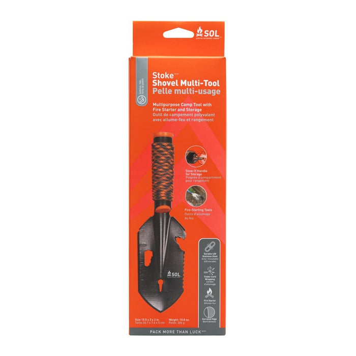 Compact Stoke Shovel featuring serrated edge, bottle opener, hex wrenches, and ruler