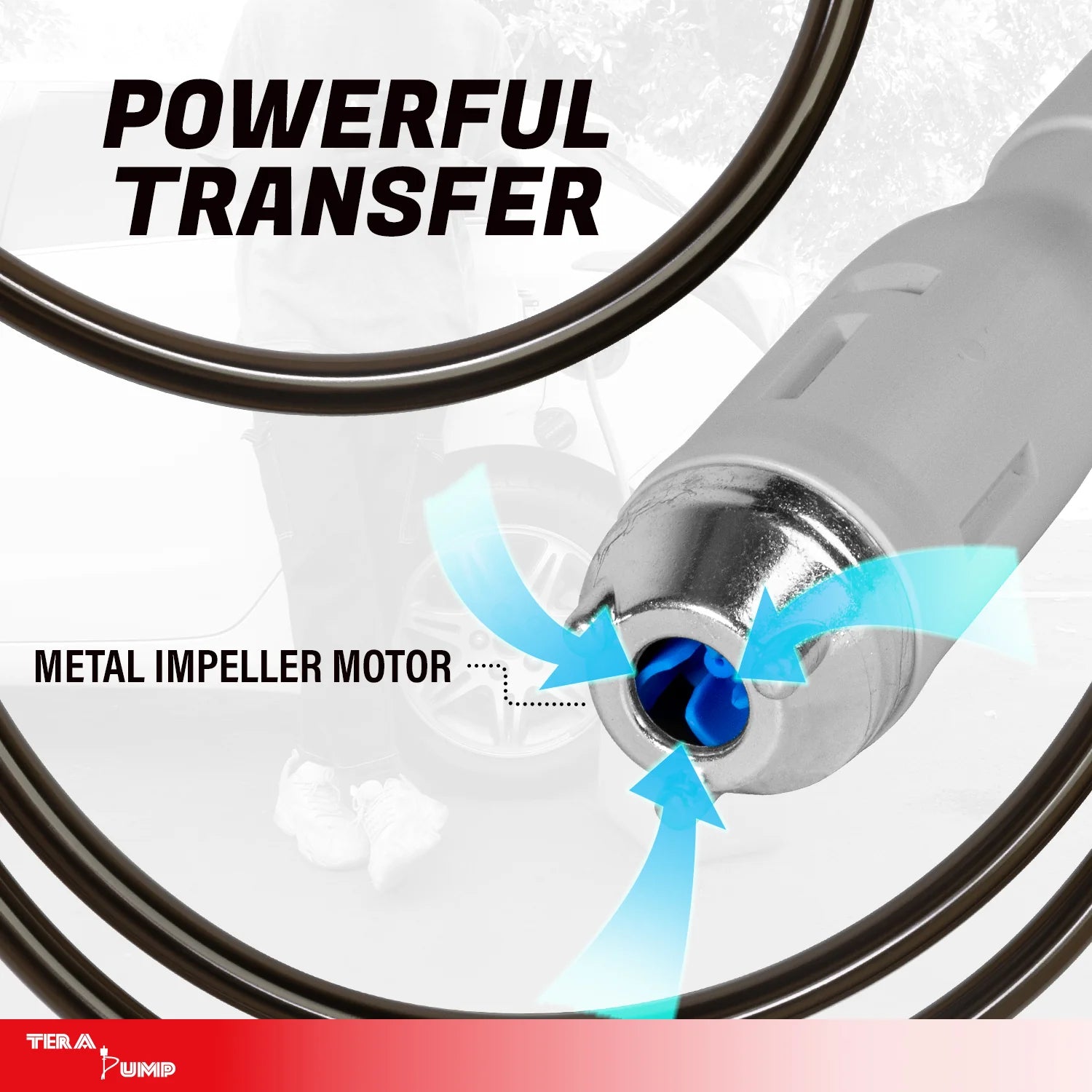 Metal impeller motor with arrows indicating flow and text 'Powerful Transfer' on a white background.