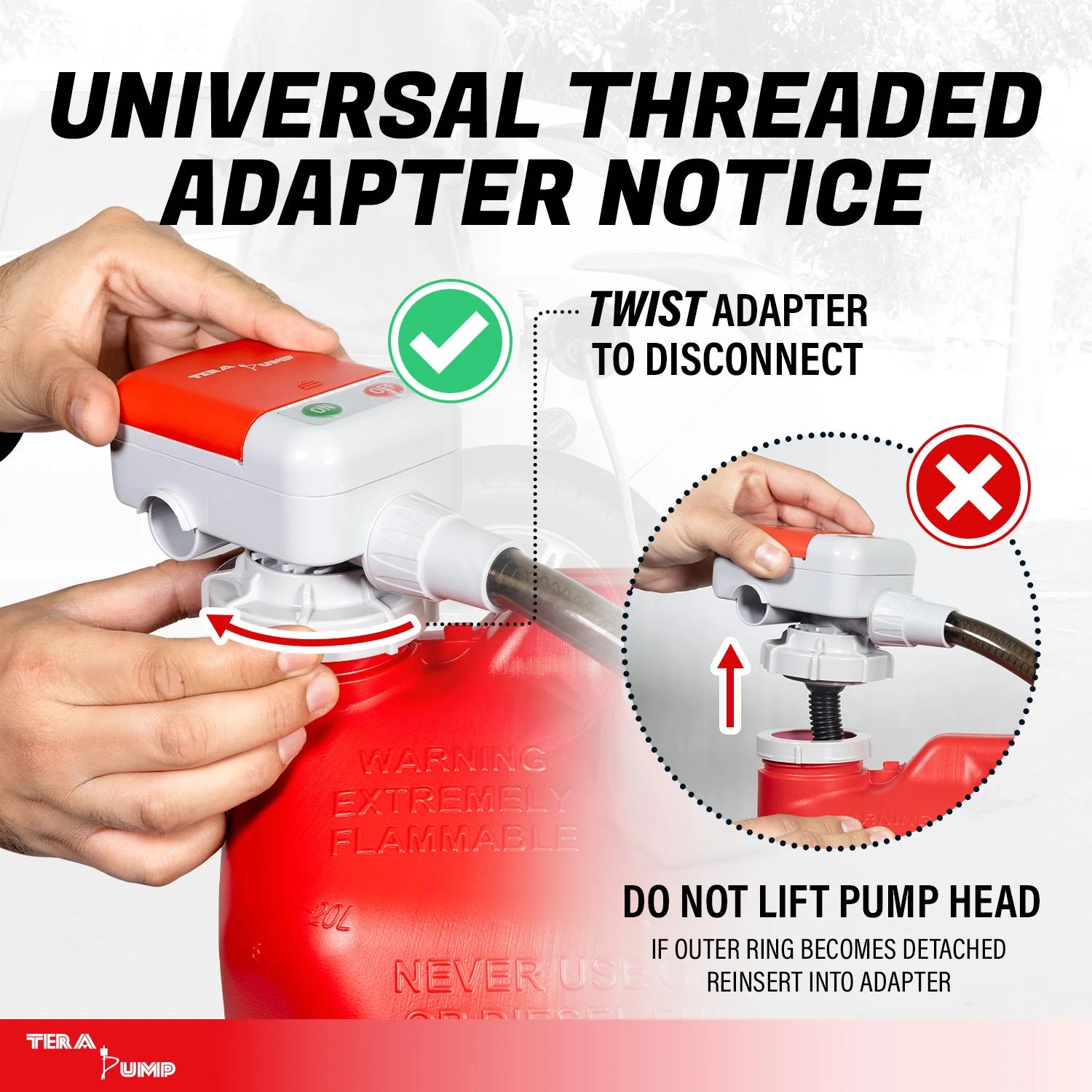 Universal threaded adapter with instructions on how to use it, featuring a red container and a white adapter.