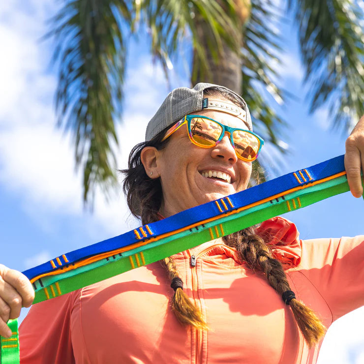 Strong polyfilament hammock straps designed for trees, roof racks, porch posts, and boat masts