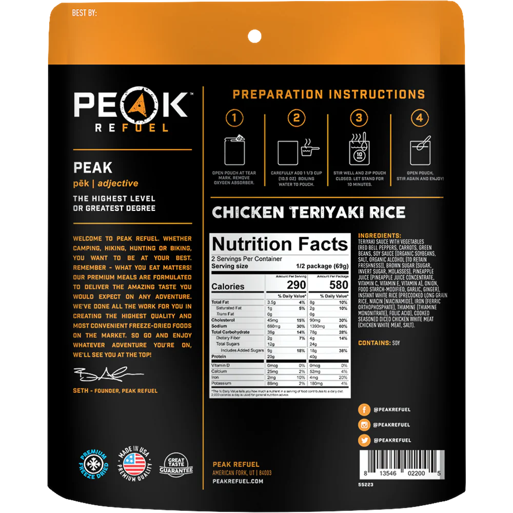 High protein chicken teriyaki rice backpacking meal by Peak Refuel