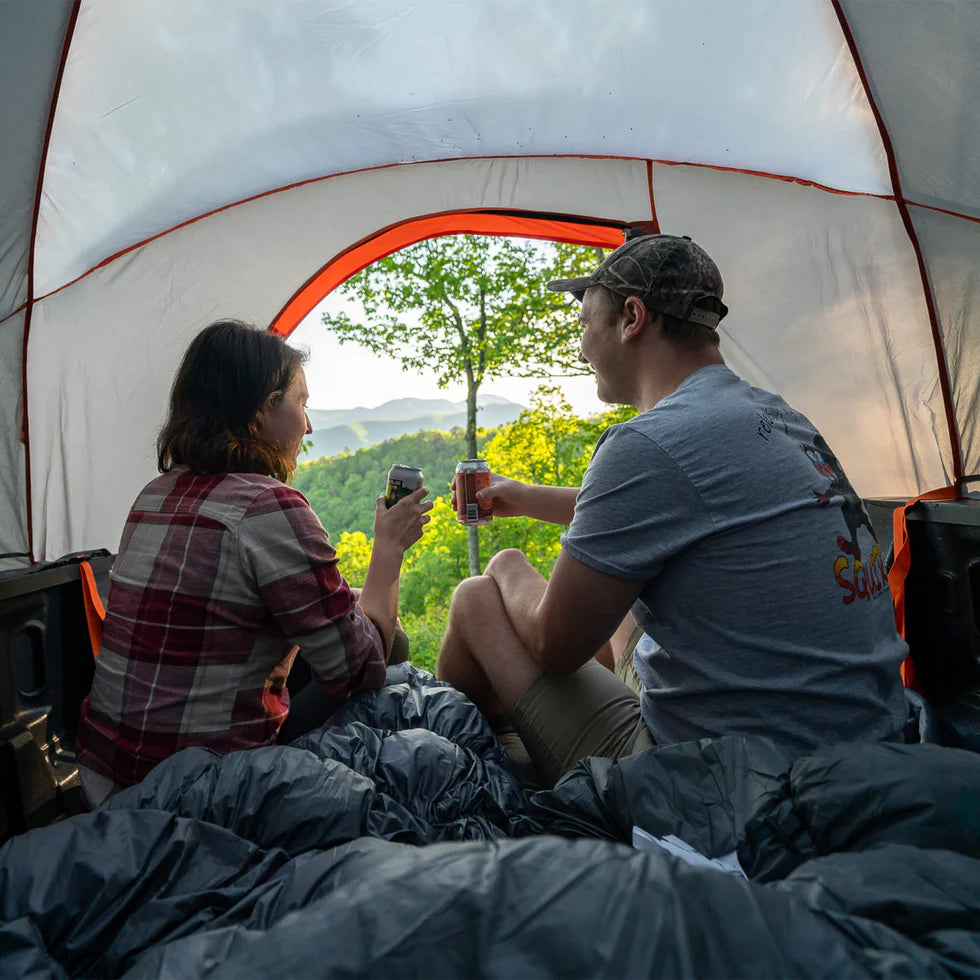 Truck Tent with rainfly attached, showcasing water-resistant fabric and taped sealed seams.
