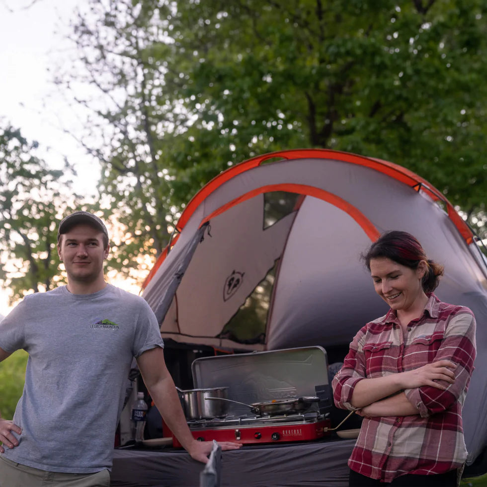 Truck tent setup in the bed of the track