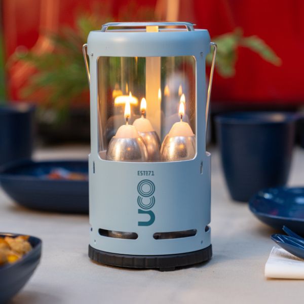 Close-up of UCO emergency candle showing clean-burning wax and steady flame