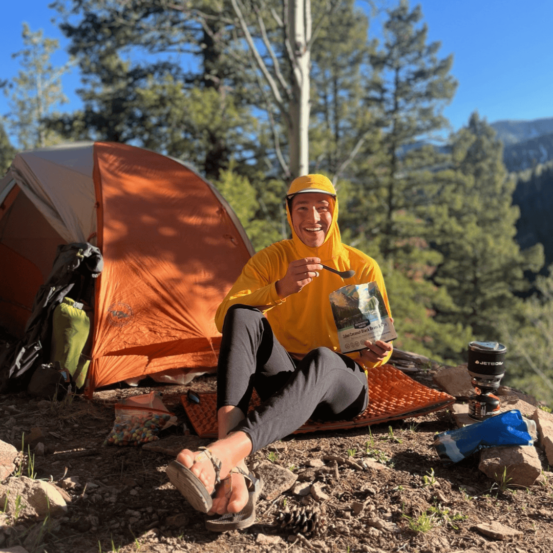 Freeze-dried tropical coconut rice camping meal with black beans and banana