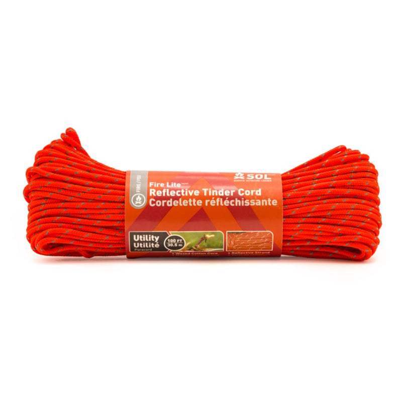 100 ft Utility Reflective Tinder Cord featuring a durable polyester outer sheath and a waxed cotton inner core for easy ignition.