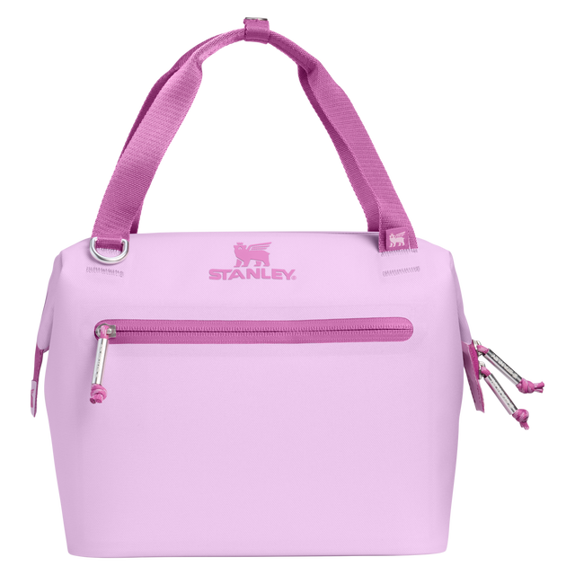 Pink cooler bag with Stanley logo on a white background